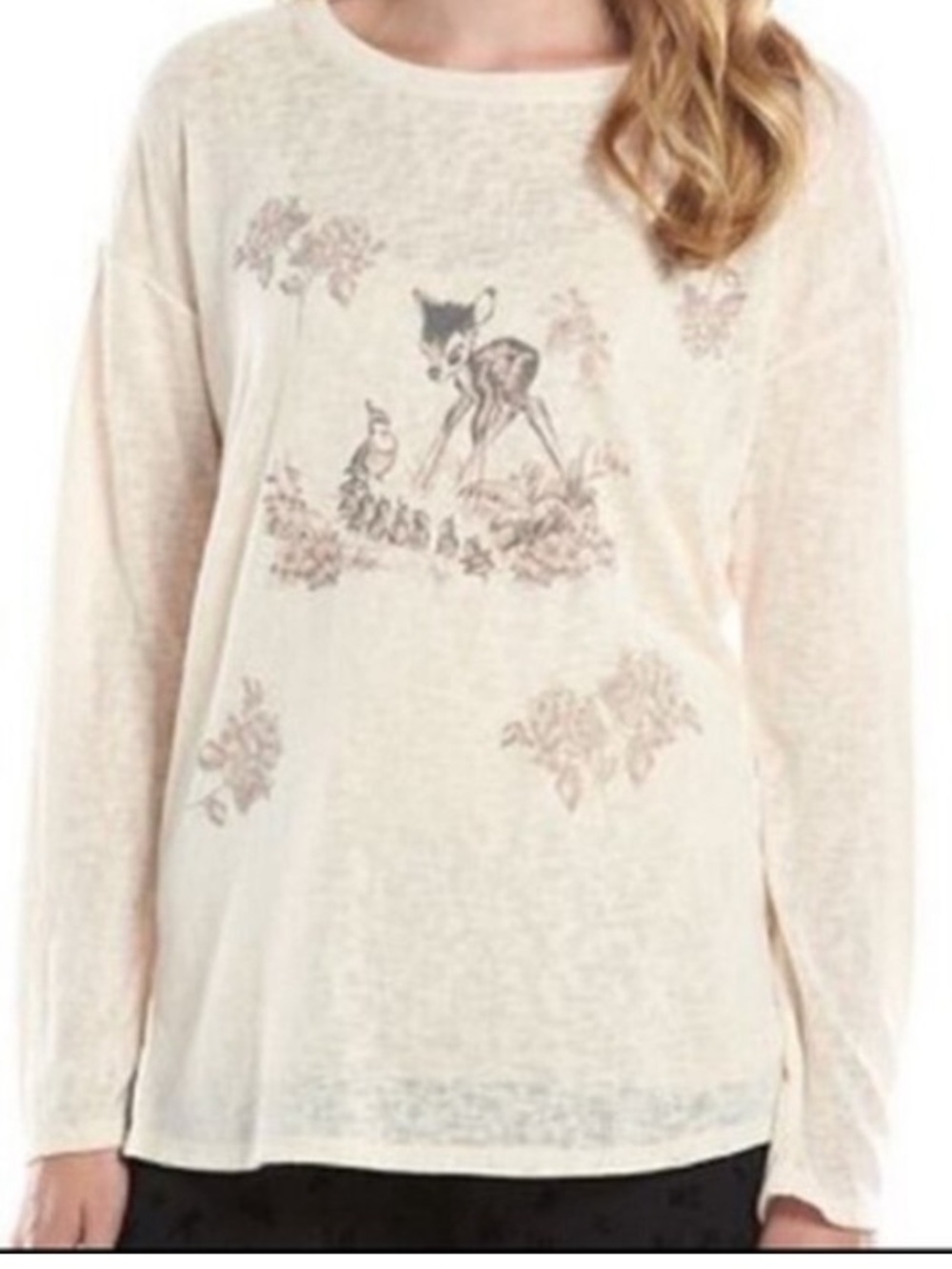 Lauren Conrad Disney Collection Cream Long Sleeve Bambi Graphic Tee Shirt